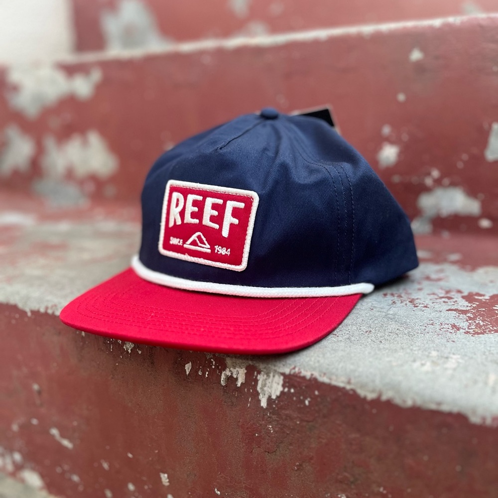 REEF Snapback Grandpa Rope Hat Cap Blue Navy Red Patch NWT 1984 Morter